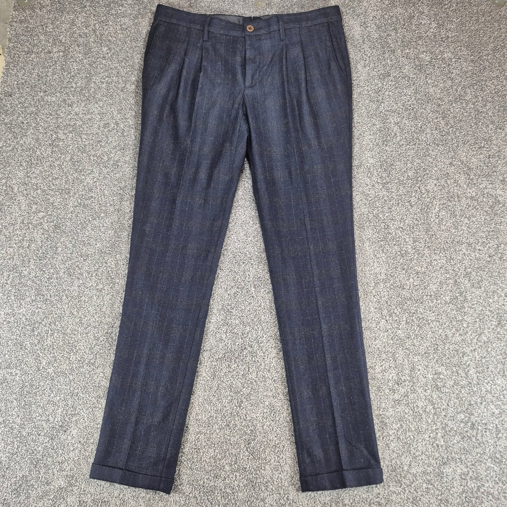 Alberto Pleated Dress Pants Mens 32x32 Navy Plaid Slim Fit Wool Blend Cuffed